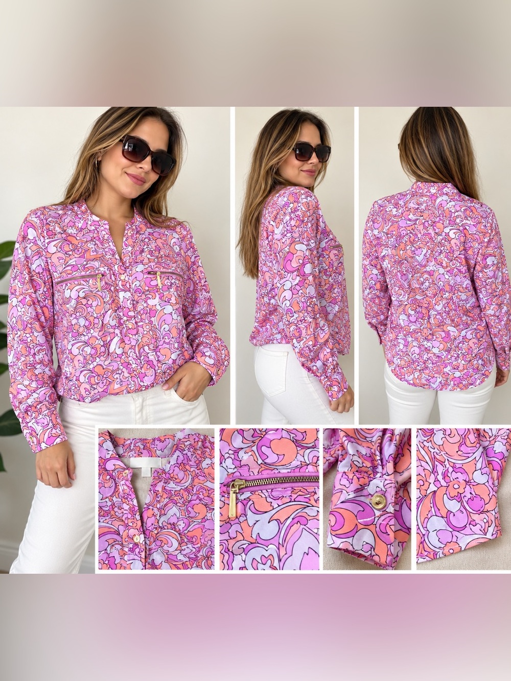 Michael Kors Pink and Peach Floral-Print Blouse